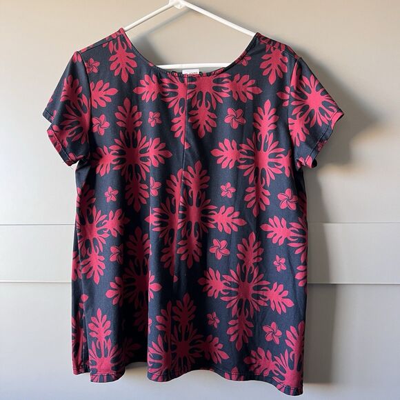 Hula Bay Hawaiian Top Women Large Red Floral Tropical Short Sleeve Stretch - Picture 2 of 6